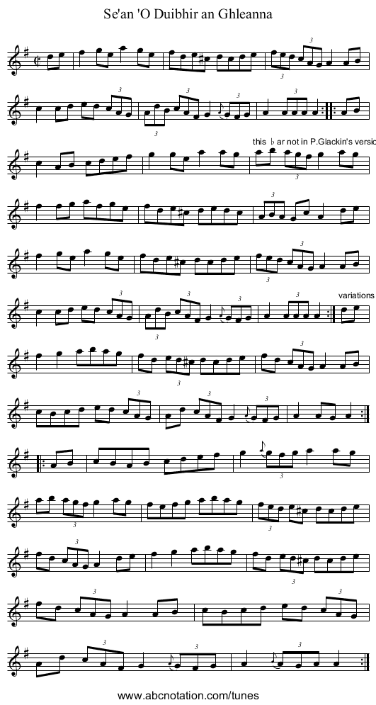 Se'an 'O Duibhir an Ghleanna - staff notation