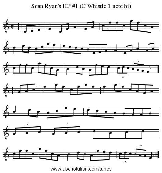 Sean Ryan's HP #1 (C Whistle 1 note hi) - staff notation