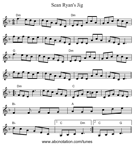 Sean Ryan's Jig - staff notation