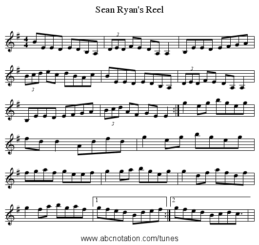Sean Ryan's Reel - staff notation