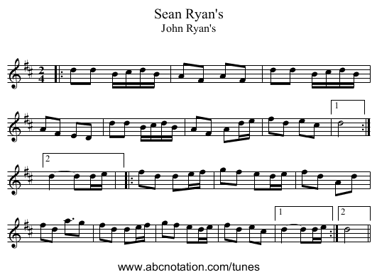 Sean Ryan's - staff notation