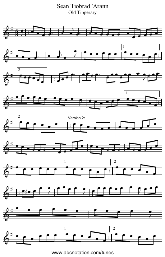 Sean Tiobrad 'Arann - staff notation