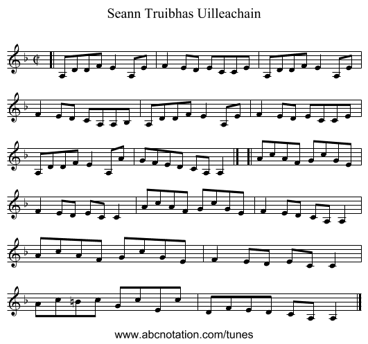 Seann Truibhas Uilleachain - staff notation