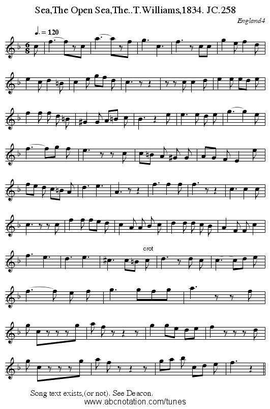 Sea,The Open Sea,The..T.Williams,1834. JC.258 - staff notation