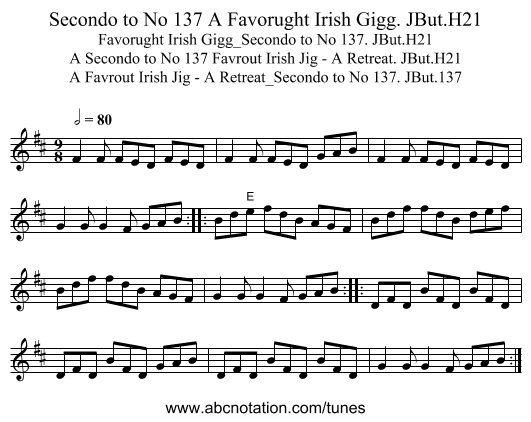 Secondo to No 137 A Favorught Irish Gigg. JBut.H21 - staff notation