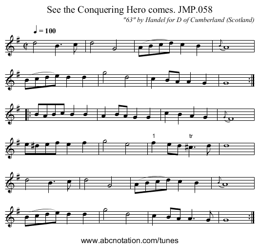 See the Conquering Hero comes. JMP.058 - staff notation