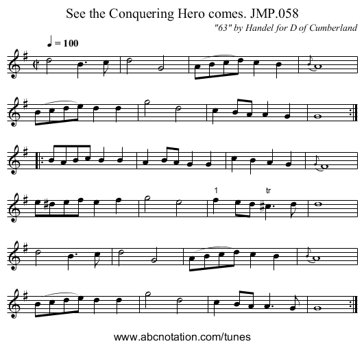 See the Conquering Hero comes. JMP.058 - staff notation