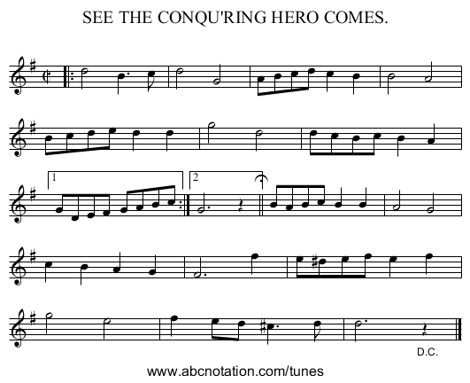 SEE THE CONQU'RING HERO COMES. - staff notation