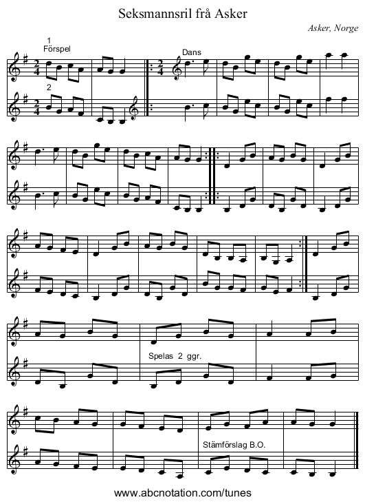 Seksmannsril frå Asker - staff notation
