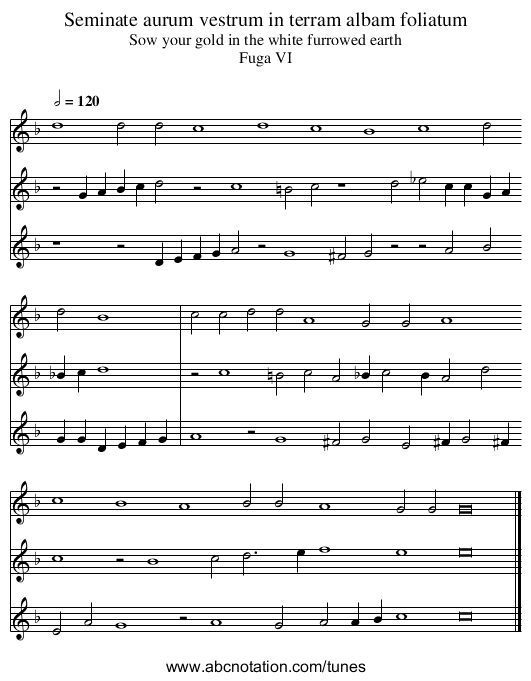 Seminate aurum vestrum in terram albam foliatum - staff notation