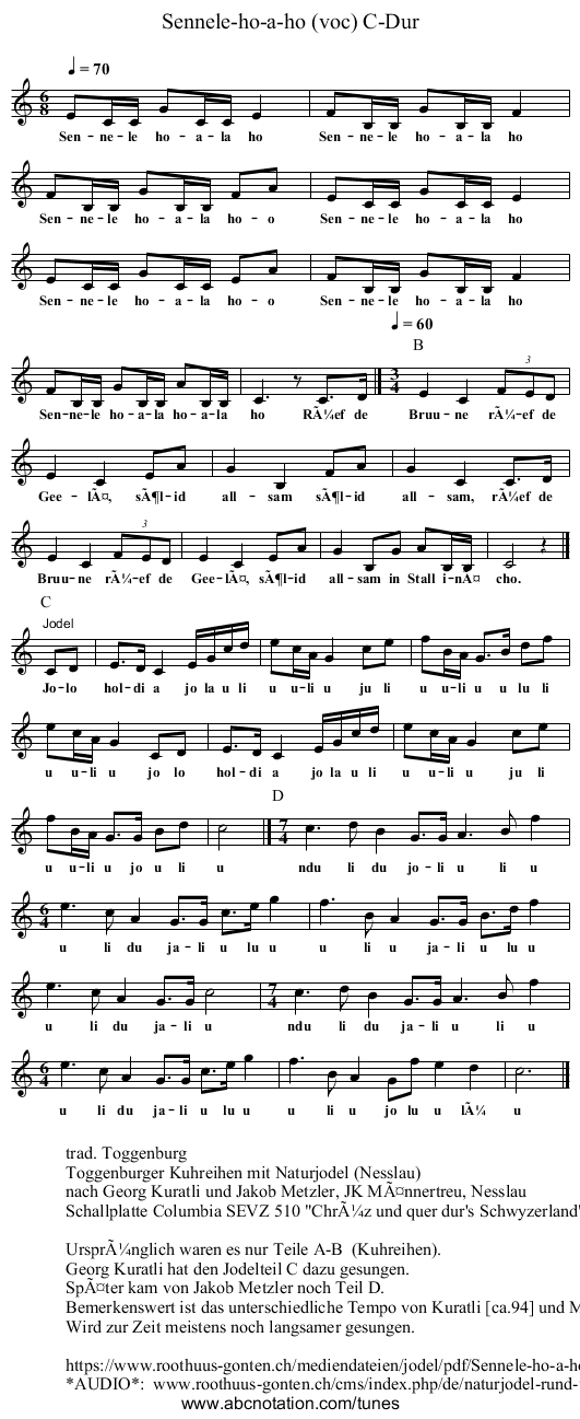 Sennele-ho-a-ho (voc) C-Dur - staff notation