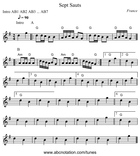 Sept Sauts - staff notation