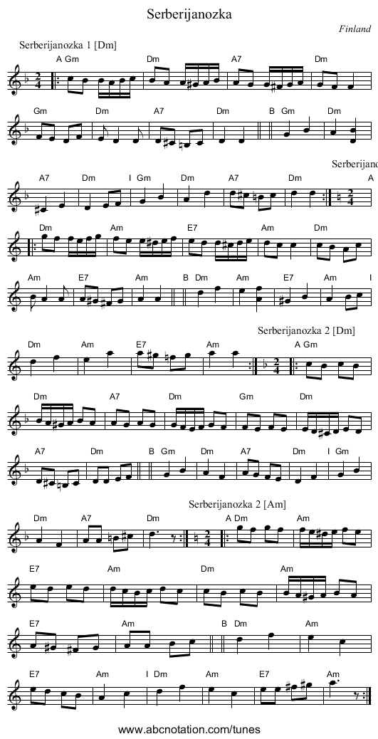 Serberijanozka - staff notation