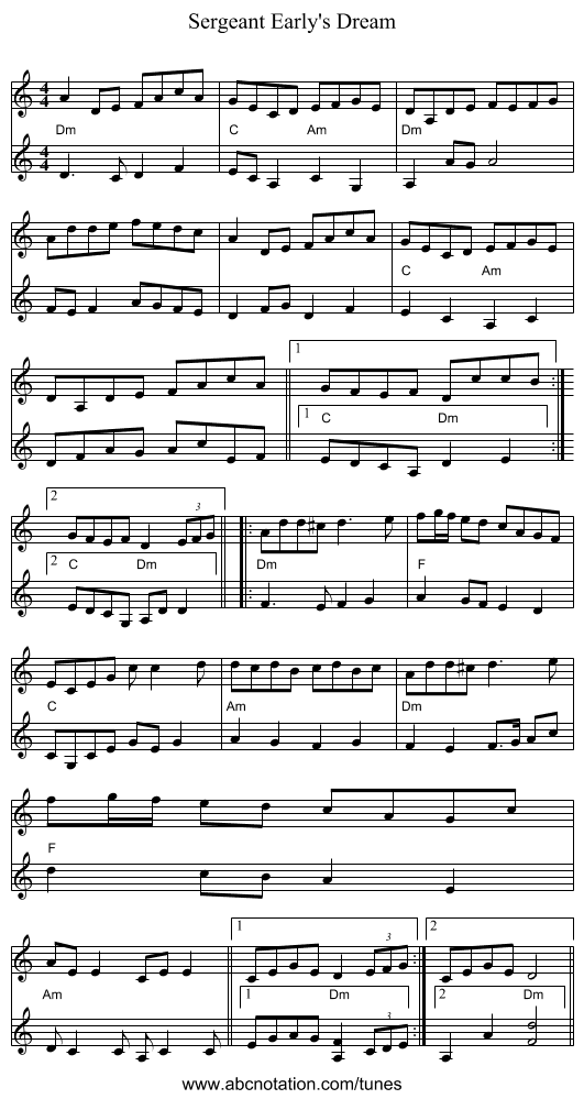 Sergeant Early's Dream - staff notation