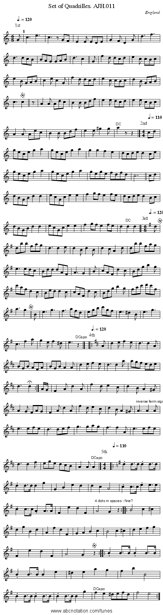 Set of Quadrilles. AJH.011 - staff notation