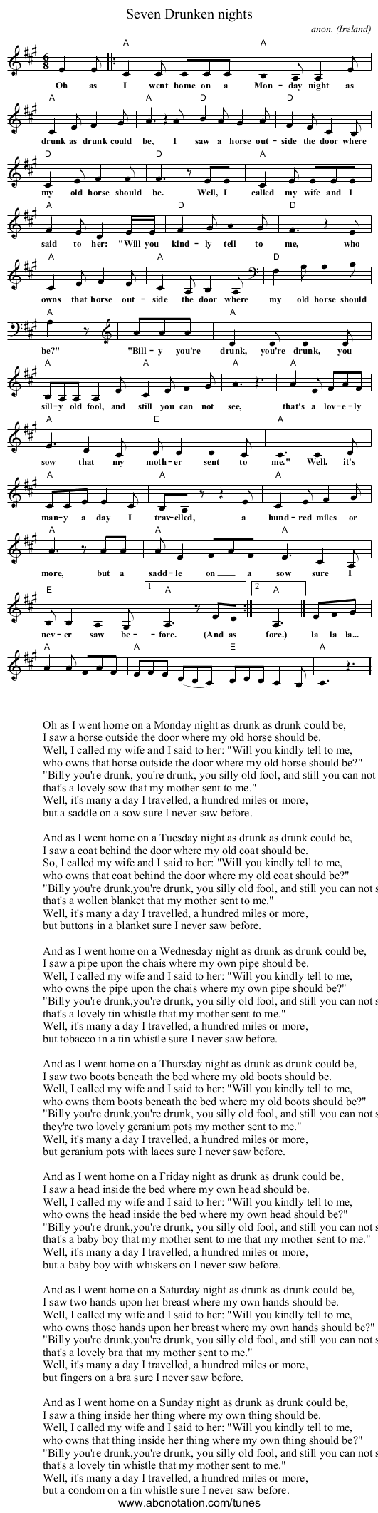 Seven Drunken nights - staff notation