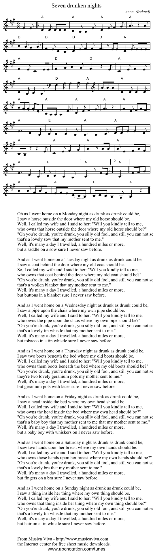 Seven drunken nights - staff notation
