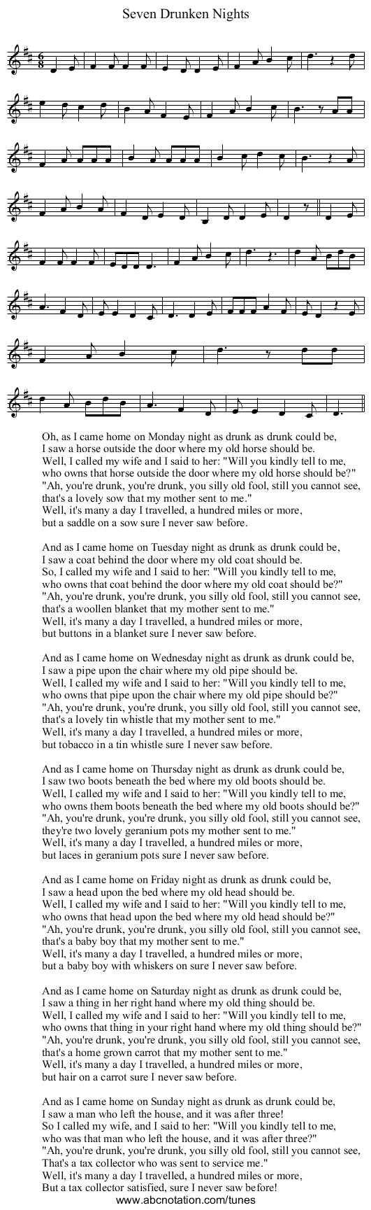 Seven Drunken Nights - staff notation