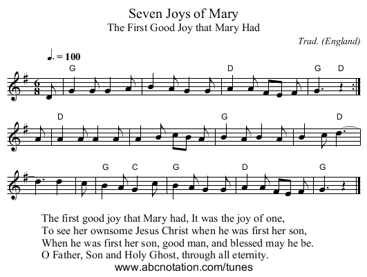 Seven Joys of Mary - staff notation