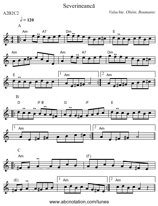 Severineancă - staff notation
