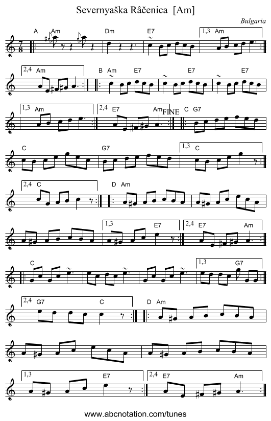 Severnya&scaron;ka R&acirc;čenica  [Am] - staff notation