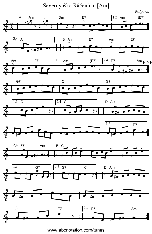 Severnya&scaron;ka R&acirc;čenica  [Am] - staff notation