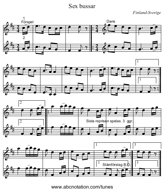 Sex bussar - staff notation