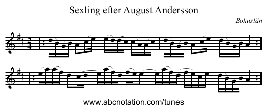 Sexling efter August Andersson - staff notation
