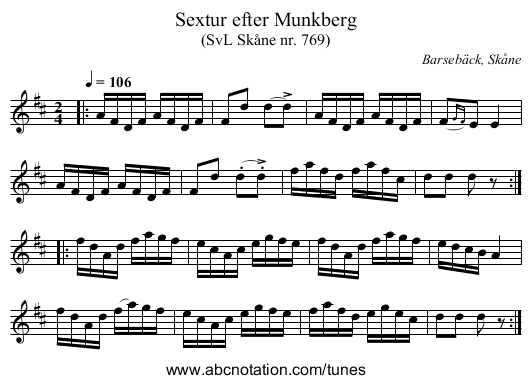 Sextur efter Munkberg - staff notation