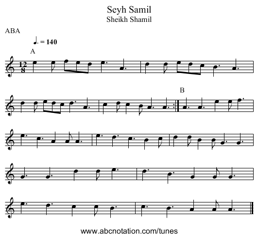 Seyh Samil - staff notation