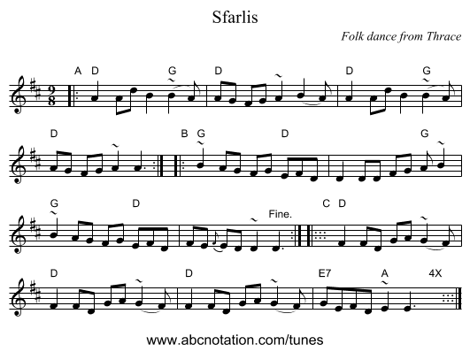 Sfarlis - staff notation
