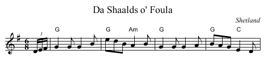 Shaalds o' Foula, Da - staff notation