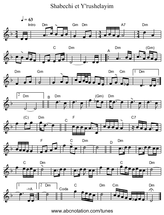 Shabechi et Y'rushelayim - staff notation