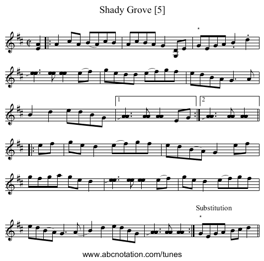 Shady Grove [5] - staff notation