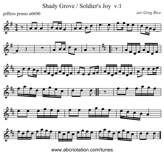 Shady Grove / Soldier's Joy  v.1 - staff notation