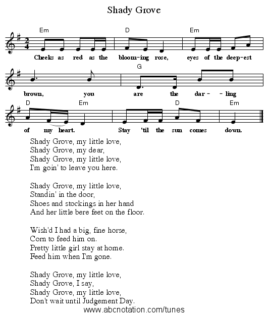 Shady Grove - staff notation