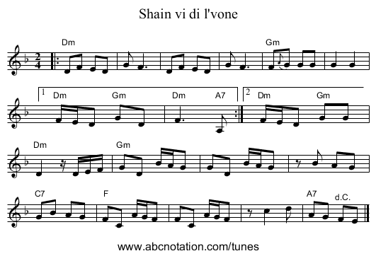 Shain vi di l'vone - staff notation