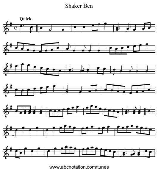 Shaker Ben - staff notation