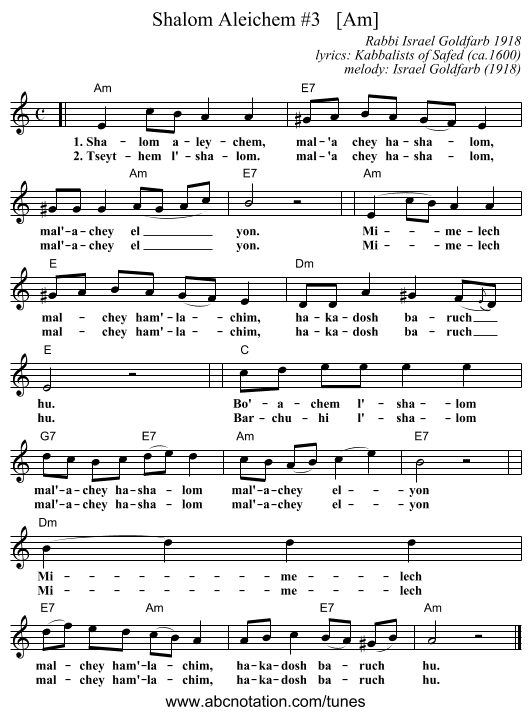 Shalom Aleichem #3   [Am] - staff notation
