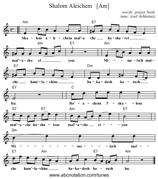 Shalom Aleichem   [Am] - staff notation