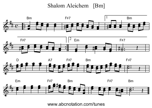 Shalom Aleichem   [Bm] - staff notation
