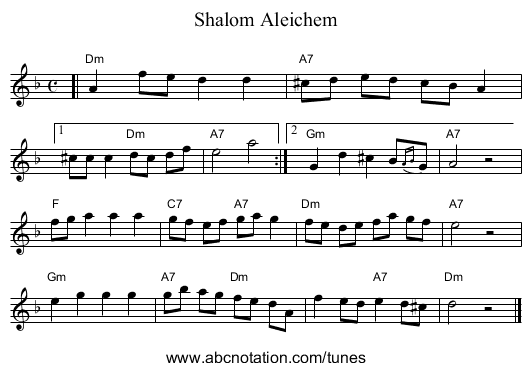 Shalom Aleichem - staff notation