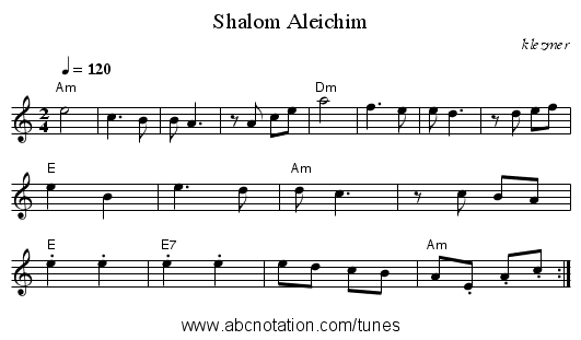 Shalom Aleichim - staff notation