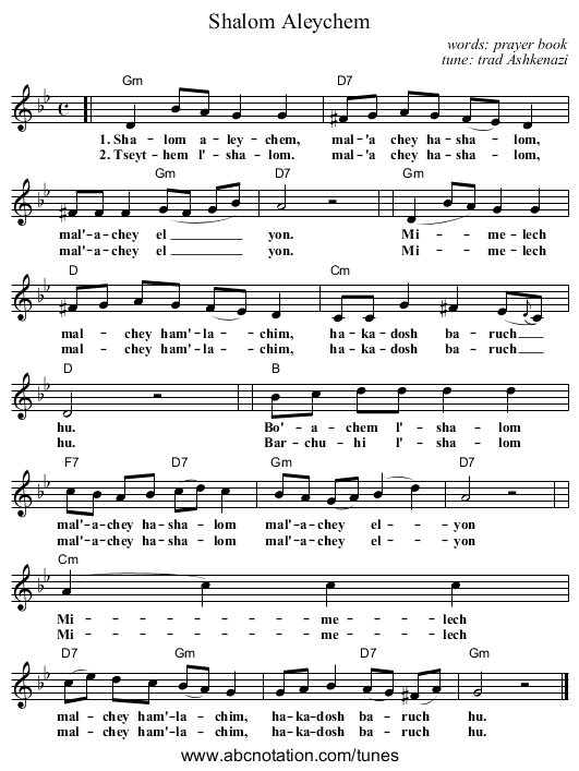 Shalom Aleychem - staff notation