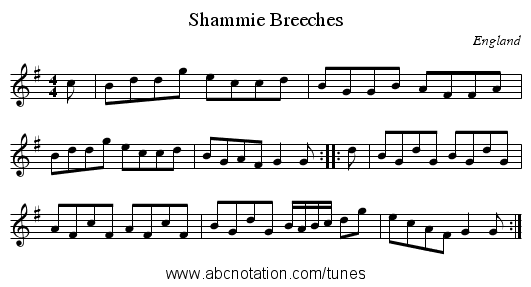 Shammie Breeches - staff notation