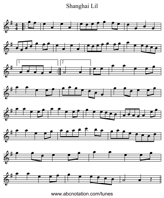 Shanghai Lil - staff notation