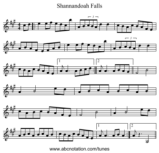 Shannandoah Falls - staff notation