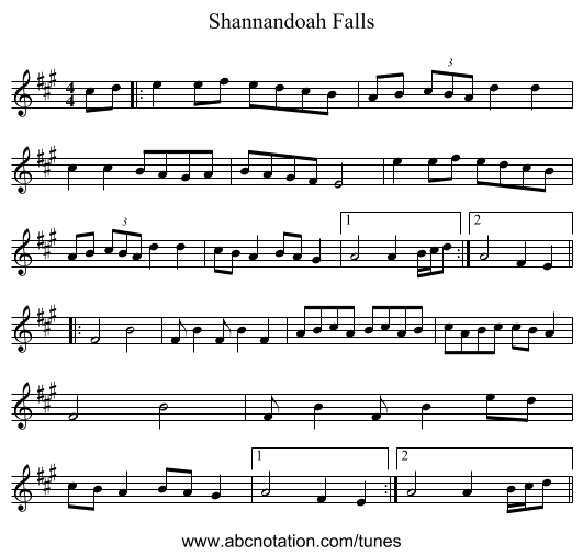 Shannandoah Falls - staff notation