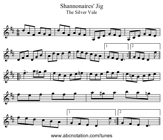 Shannonaires' Jig - staff notation