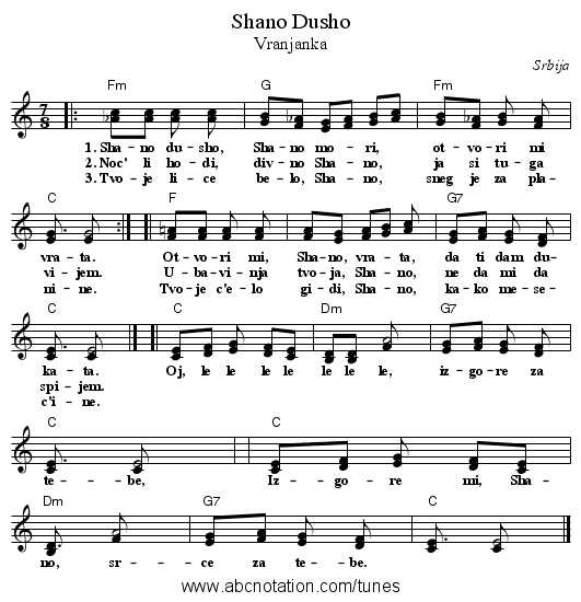 Shano Dusho - staff notation